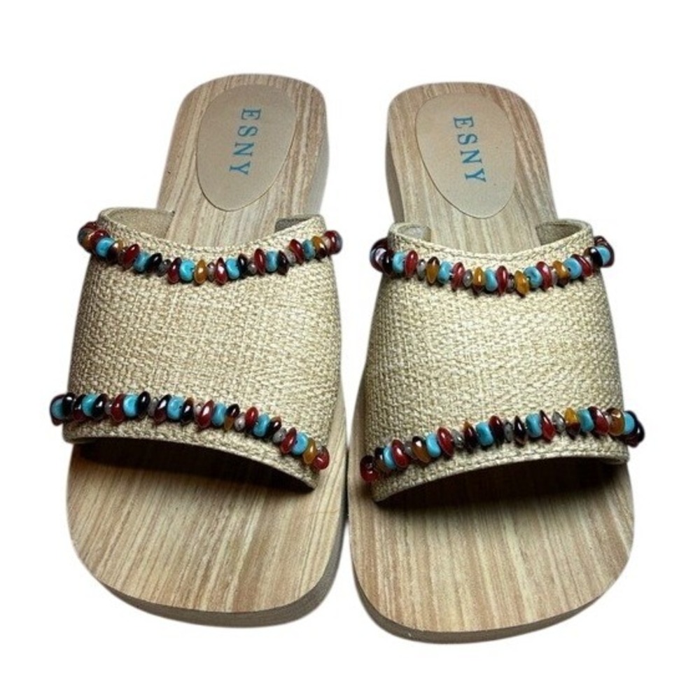 ESNY Platform Slide Sandals Women Tan Multi Beaded Boho Summer Wedge Size 7